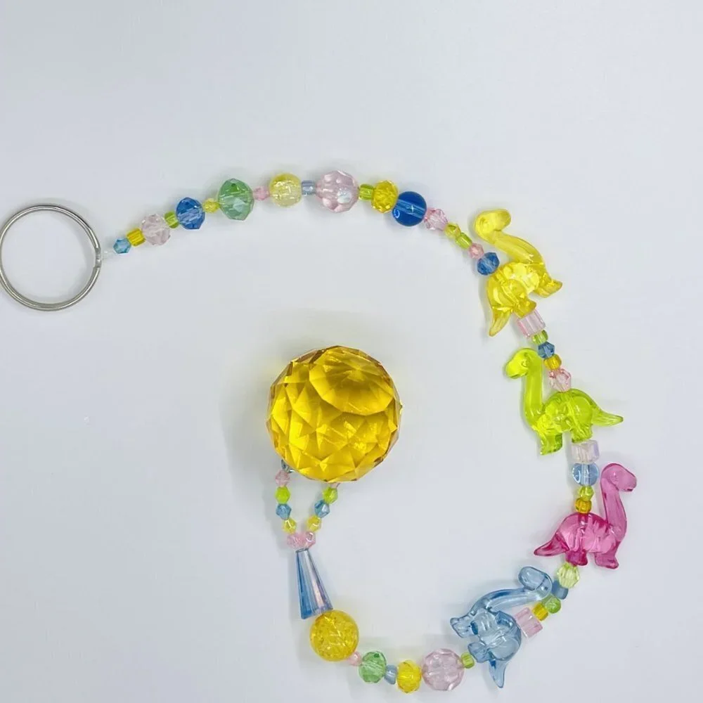 Dinosaur Beaded Suncatcher  - Pastel - Yellow Crystal Prism - Hanging Decor